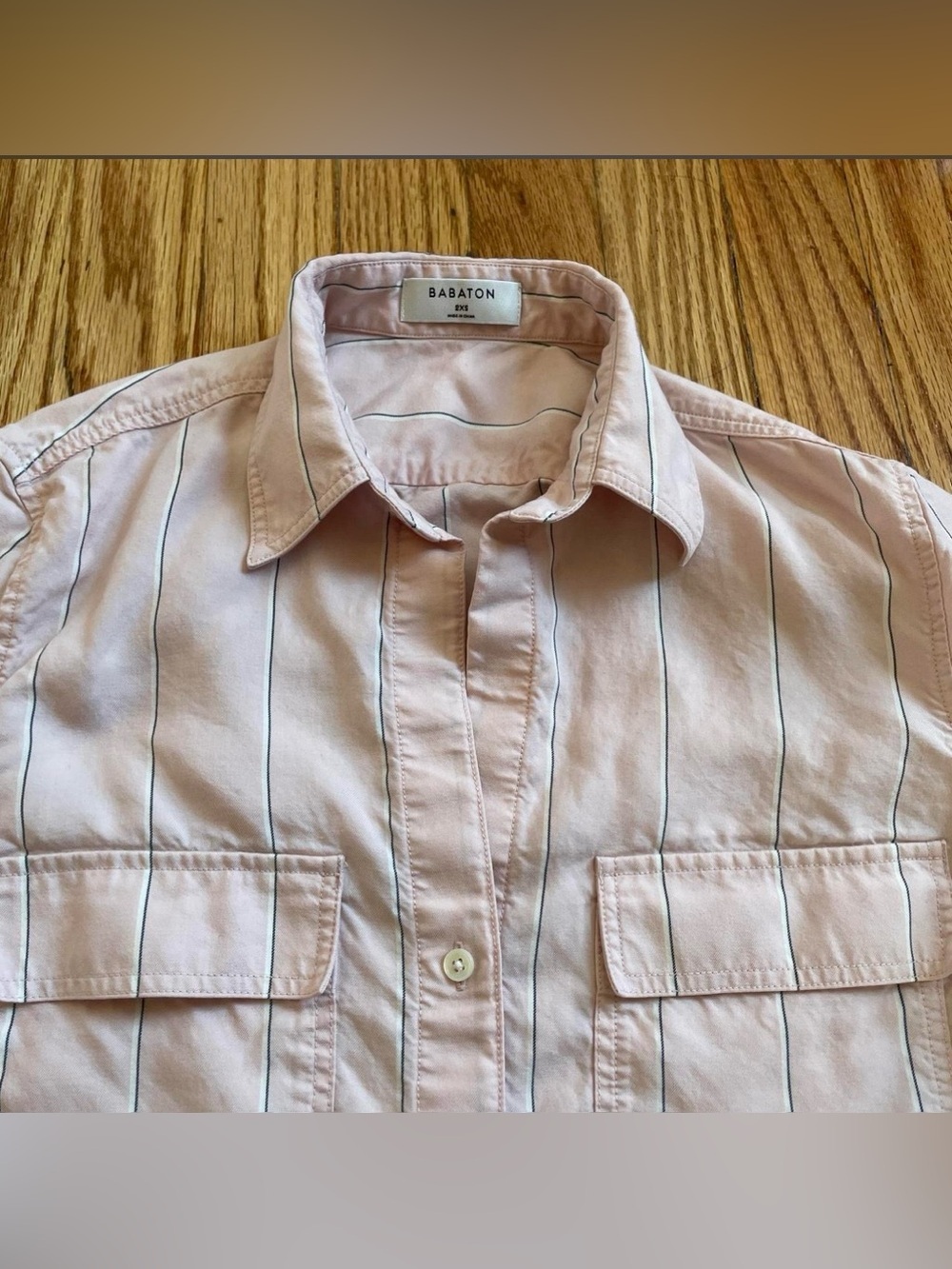 Babaton Utility Button Up Shirt Pink Pinstripe Tencel Lyocell Minimalist - Picture 3 of 5